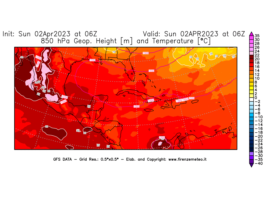 GFS analysi map - Geopotential [m] and Temperature [°C] at 850 hPa in Central America
									on 02/04/2023 06 <!--googleoff: index-->UTC<!--googleon: index-->