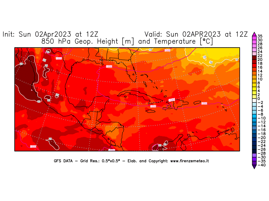 GFS analysi map - Geopotential [m] and Temperature [°C] at 850 hPa in Central America
									on 02/04/2023 12 <!--googleoff: index-->UTC<!--googleon: index-->