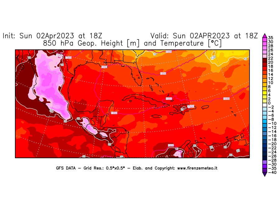 Mappa di analisi GFS - Geopotenziale [m] e Temperatura [°C] a 850 hPa in Centro-America
							del 02/04/2023 18 <!--googleoff: index-->UTC<!--googleon: index-->