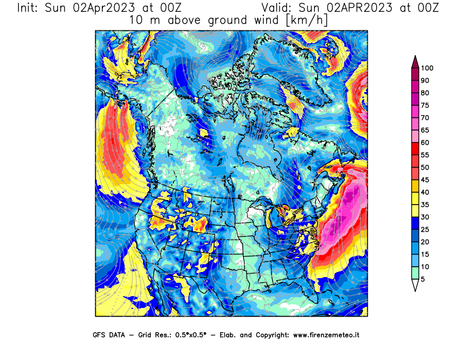 Mappa di analisi GFS - Velocità del vento a 10 metri dal suolo [km/h] in Nord-America
							del 02/04/2023 00 <!--googleoff: index-->UTC<!--googleon: index-->
