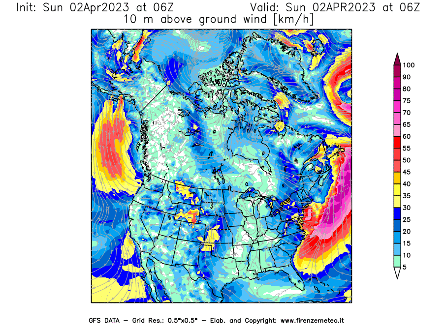 Mappa di analisi GFS - Velocità del vento a 10 metri dal suolo [km/h] in Nord-America
							del 02/04/2023 06 <!--googleoff: index-->UTC<!--googleon: index-->