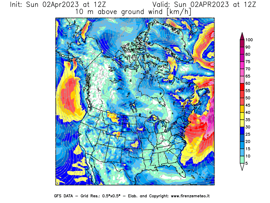 Mappa di analisi GFS - Velocità del vento a 10 metri dal suolo [km/h] in Nord-America
							del 02/04/2023 12 <!--googleoff: index-->UTC<!--googleon: index-->