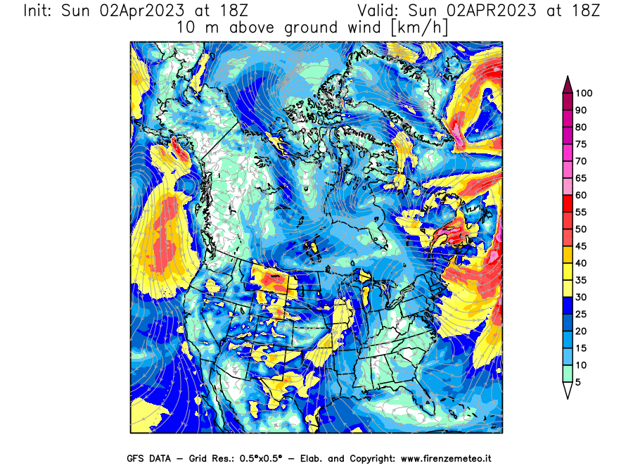 Mappa di analisi GFS - Velocità del vento a 10 metri dal suolo [km/h] in Nord-America
							del 02/04/2023 18 <!--googleoff: index-->UTC<!--googleon: index-->