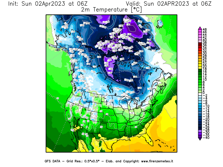 GFS analysi map - Temperature at 2 m above ground [°C] in North America
									on 02/04/2023 06 <!--googleoff: index-->UTC<!--googleon: index-->