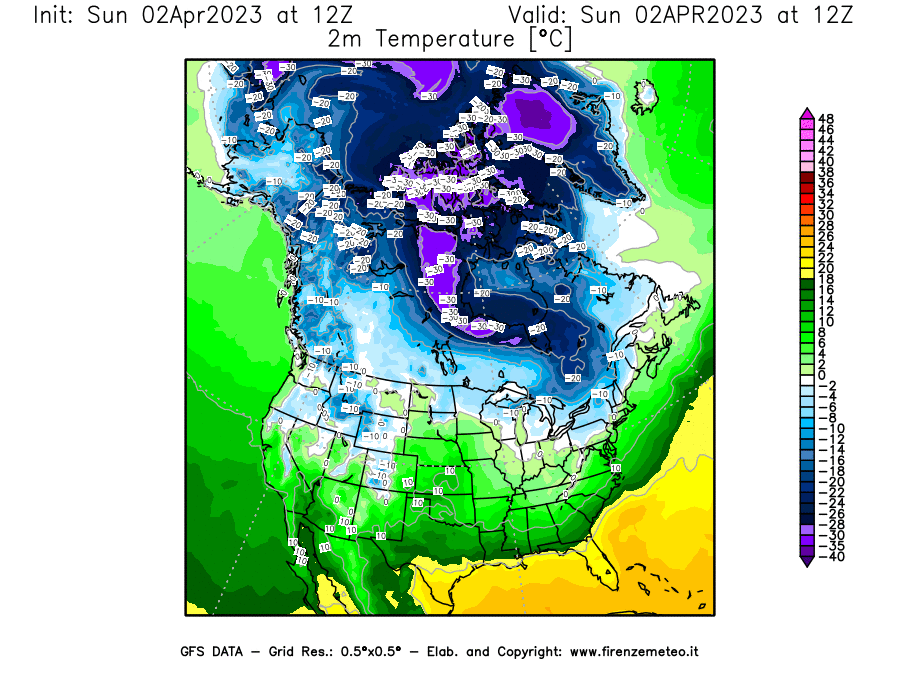 GFS analysi map - Temperature at 2 m above ground [°C] in North America
									on 02/04/2023 12 <!--googleoff: index-->UTC<!--googleon: index-->