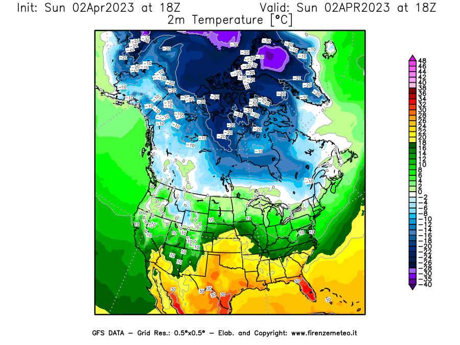 GFS analysi map - Temperature at 2 m above ground [°C] in North America
									on 02/04/2023 18 <!--googleoff: index-->UTC<!--googleon: index-->
