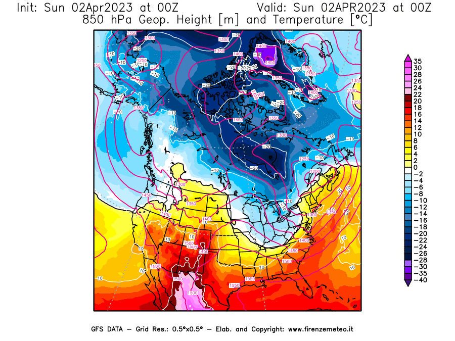 GFS analysi map - Geopotential [m] and Temperature [°C] at 850 hPa in North America
									on 02/04/2023 00 <!--googleoff: index-->UTC<!--googleon: index-->