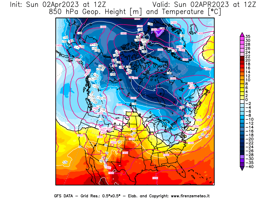 GFS analysi map - Geopotential [m] and Temperature [°C] at 850 hPa in North America
									on 02/04/2023 12 <!--googleoff: index-->UTC<!--googleon: index-->