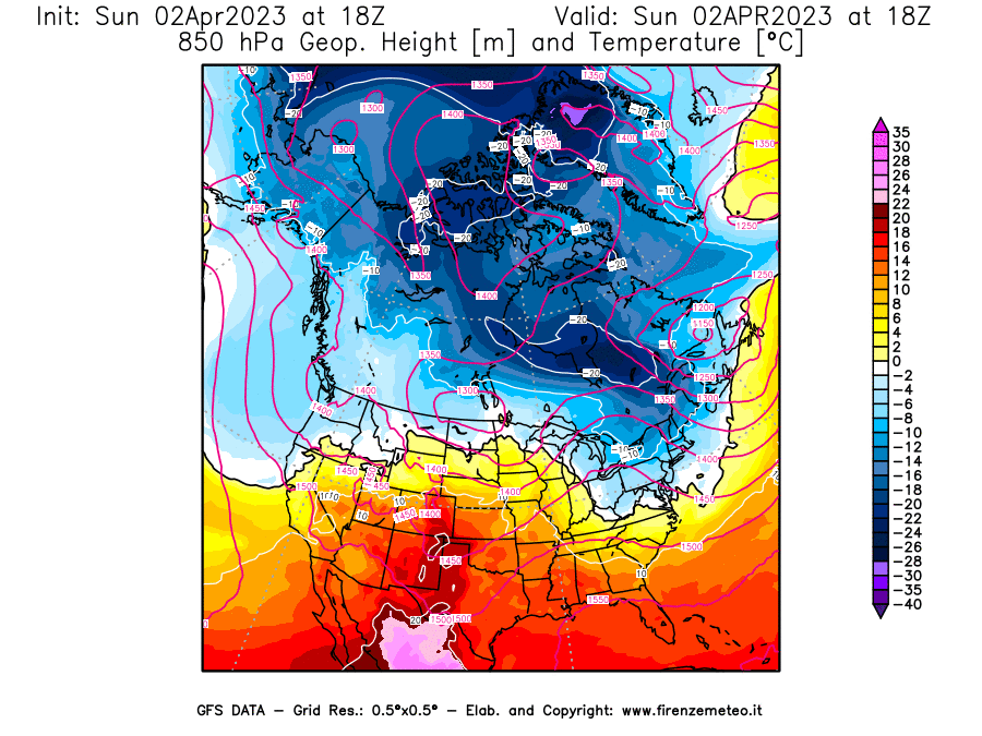 GFS analysi map - Geopotential [m] and Temperature [°C] at 850 hPa in North America
									on 02/04/2023 18 <!--googleoff: index-->UTC<!--googleon: index-->