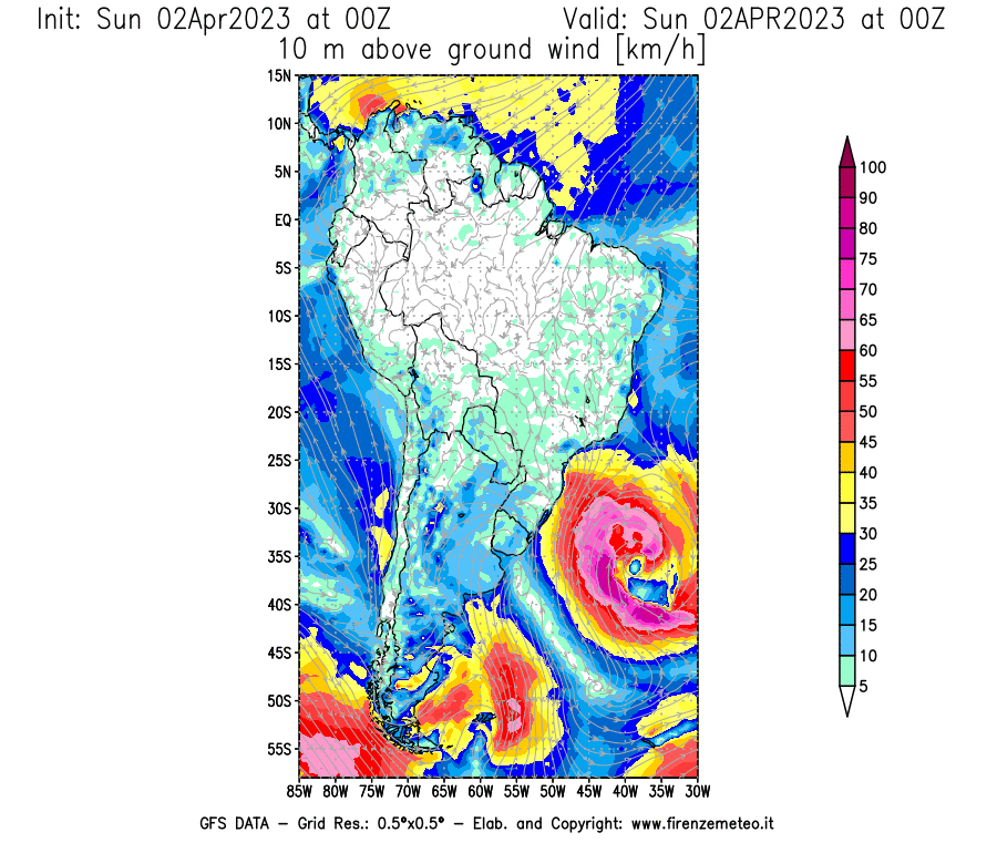 Mappa di analisi GFS - Velocità del vento a 10 metri dal suolo [km/h] in Sud-America
							del 02/04/2023 00 <!--googleoff: index-->UTC<!--googleon: index-->