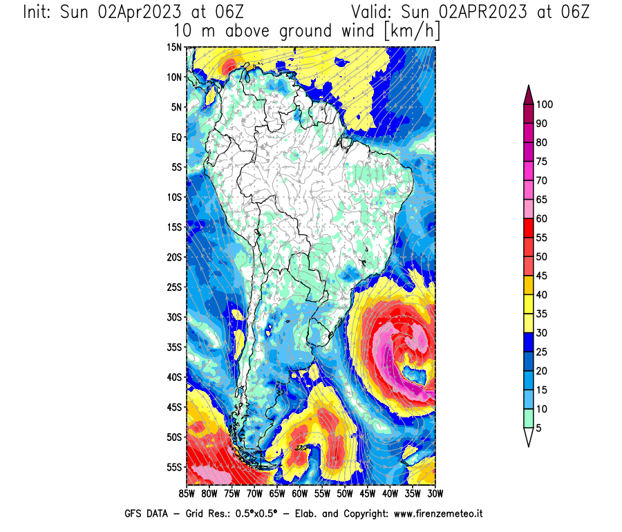 Mappa di analisi GFS - Velocità del vento a 10 metri dal suolo [km/h] in Sud-America
							del 02/04/2023 06 <!--googleoff: index-->UTC<!--googleon: index-->
