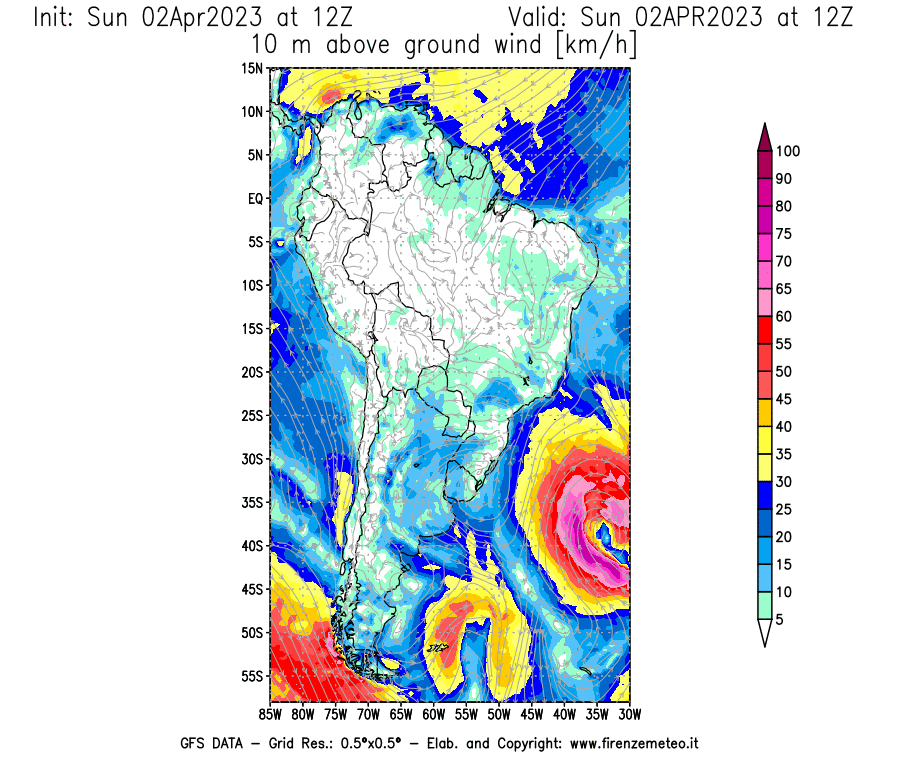 Mappa di analisi GFS - Velocità del vento a 10 metri dal suolo [km/h] in Sud-America
							del 02/04/2023 12 <!--googleoff: index-->UTC<!--googleon: index-->