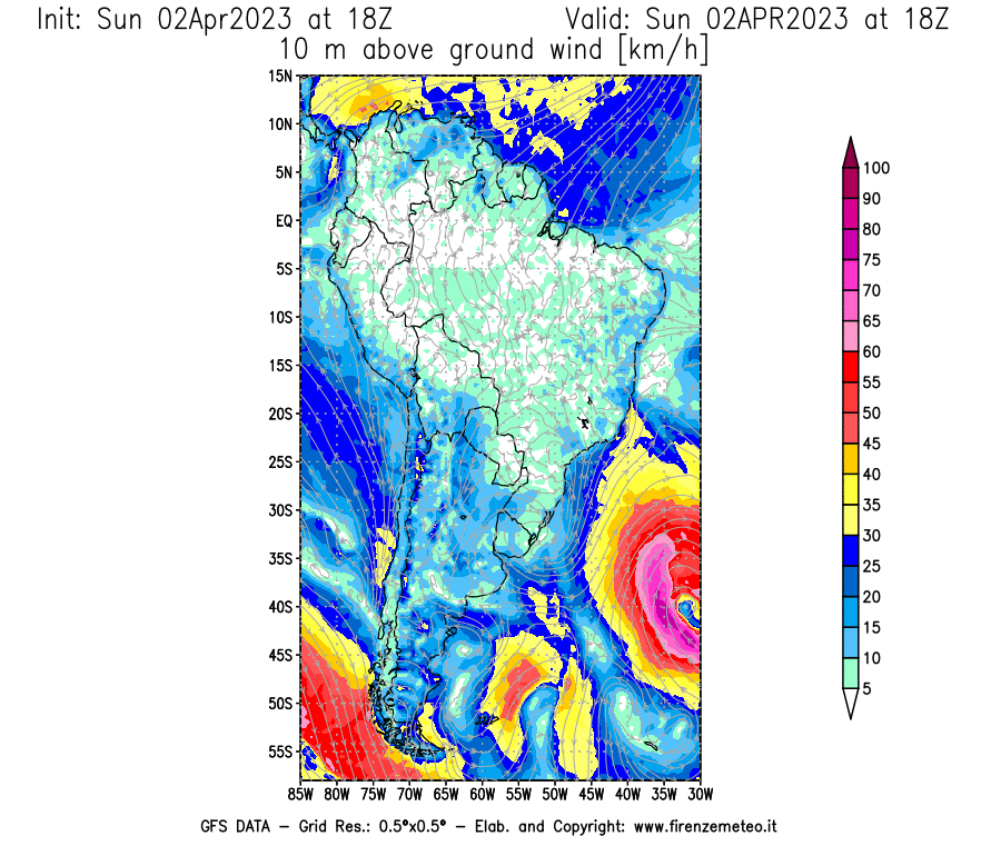 Mappa di analisi GFS - Velocità del vento a 10 metri dal suolo [km/h] in Sud-America
							del 02/04/2023 18 <!--googleoff: index-->UTC<!--googleon: index-->