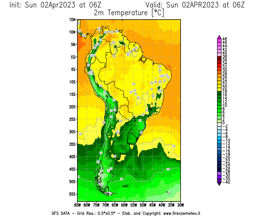 Mappa di analisi GFS - Temperatura a 2 metri dal suolo [°C] in Sud-America
							del 02/04/2023 06 <!--googleoff: index-->UTC<!--googleon: index-->