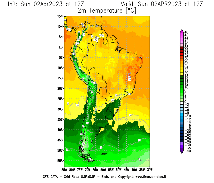 Mappa di analisi GFS - Temperatura a 2 metri dal suolo [°C] in Sud-America
							del 02/04/2023 12 <!--googleoff: index-->UTC<!--googleon: index-->