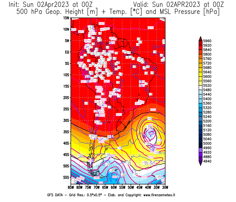 GFS analysi map - Geopotential [m] + Temp. [°C] at 500 hPa + Sea Level Pressure [hPa] in South America
									on 02/04/2023 00 <!--googleoff: index-->UTC<!--googleon: index-->