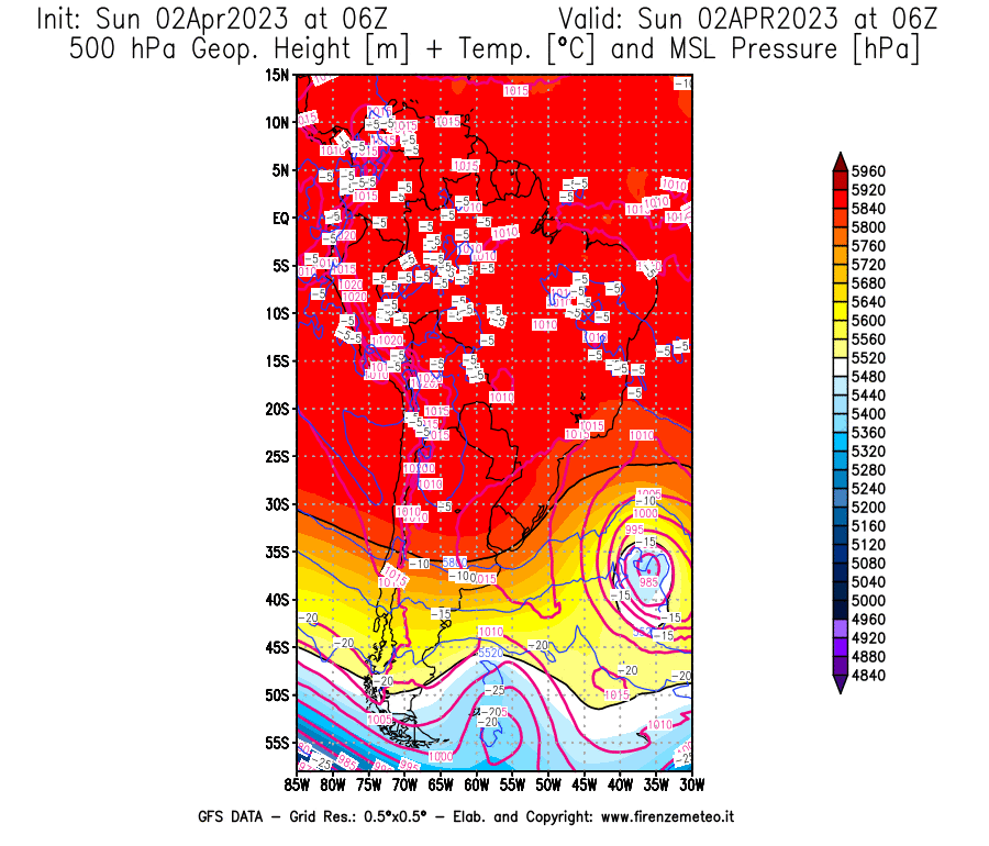GFS analysi map - Geopotential [m] + Temp. [°C] at 500 hPa + Sea Level Pressure [hPa] in South America
									on 02/04/2023 06 <!--googleoff: index-->UTC<!--googleon: index-->