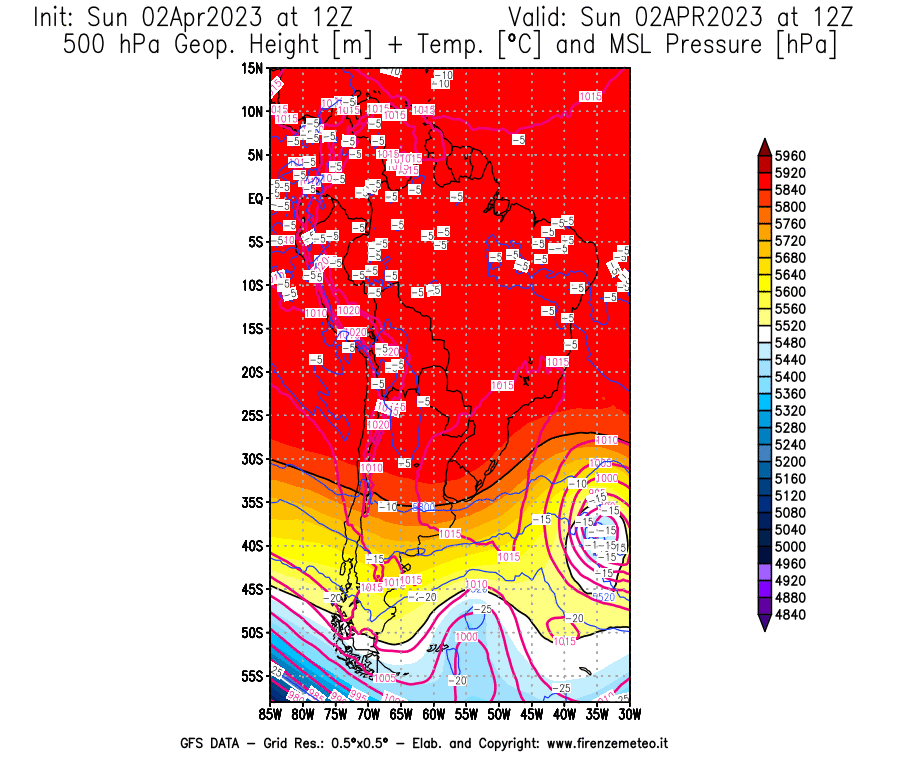 GFS analysi map - Geopotential [m] + Temp. [°C] at 500 hPa + Sea Level Pressure [hPa] in South America
									on 02/04/2023 12 <!--googleoff: index-->UTC<!--googleon: index-->