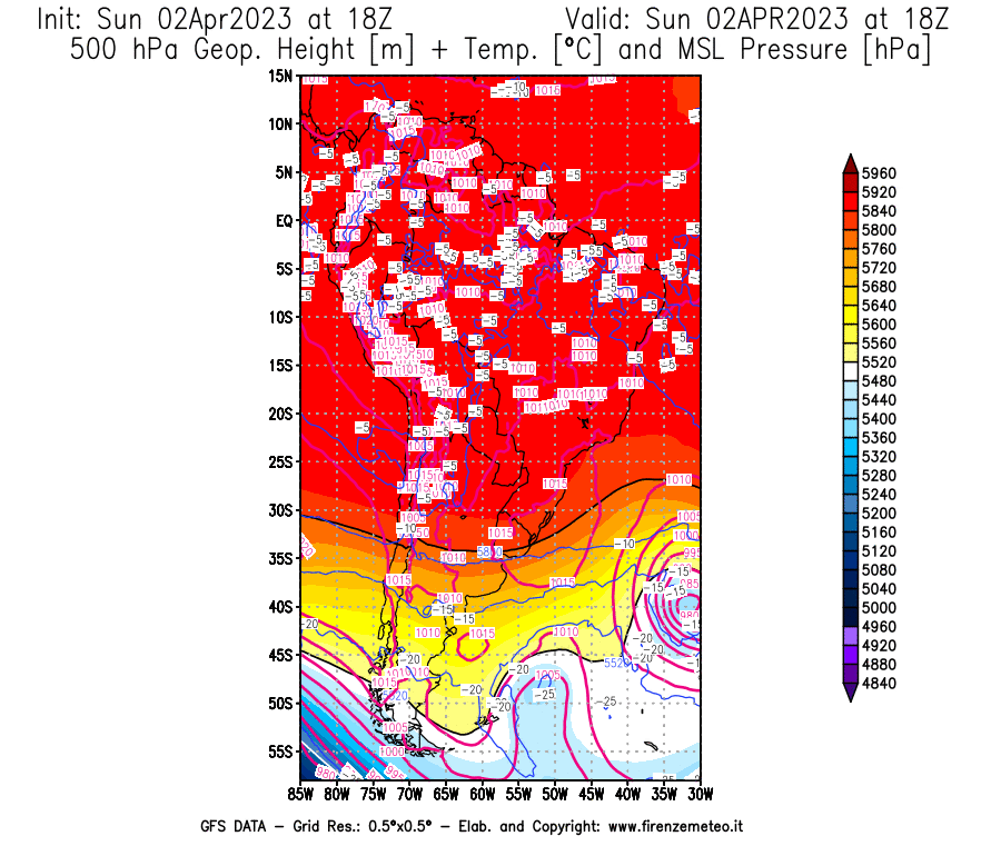 Mappa di analisi GFS - Geopotenziale [m] + Temp. [°C] a 500 hPa + Press. a livello del mare [hPa] in Sud-America
							del 02/04/2023 18 <!--googleoff: index-->UTC<!--googleon: index-->