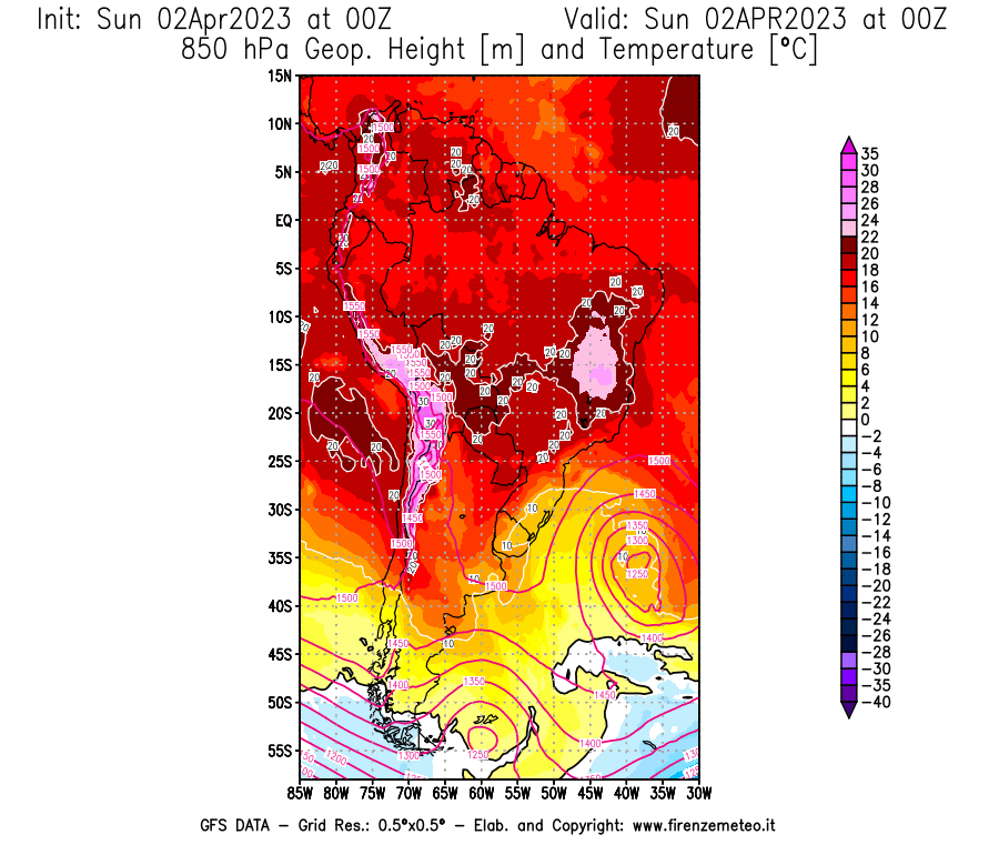 Mappa di analisi GFS - Geopotenziale [m] e Temperatura [°C] a 850 hPa in Sud-America
							del 02/04/2023 00 <!--googleoff: index-->UTC<!--googleon: index-->