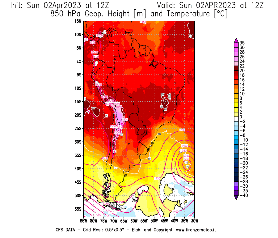 Mappa di analisi GFS - Geopotenziale [m] e Temperatura [°C] a 850 hPa in Sud-America
							del 02/04/2023 12 <!--googleoff: index-->UTC<!--googleon: index-->