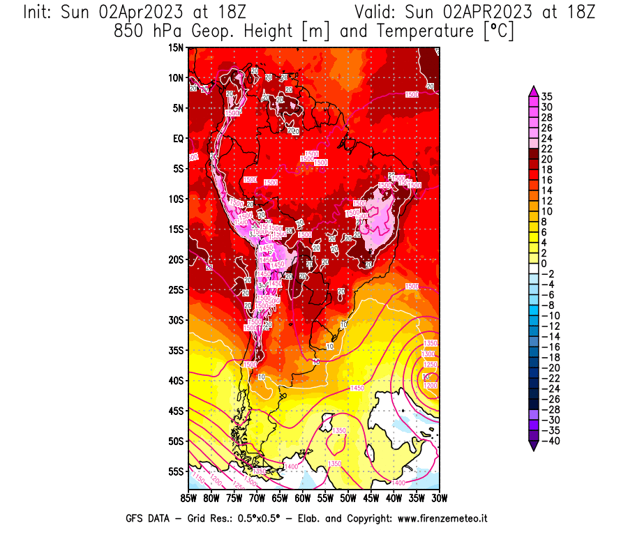 Mappa di analisi GFS - Geopotenziale [m] e Temperatura [°C] a 850 hPa in Sud-America
							del 02/04/2023 18 <!--googleoff: index-->UTC<!--googleon: index-->