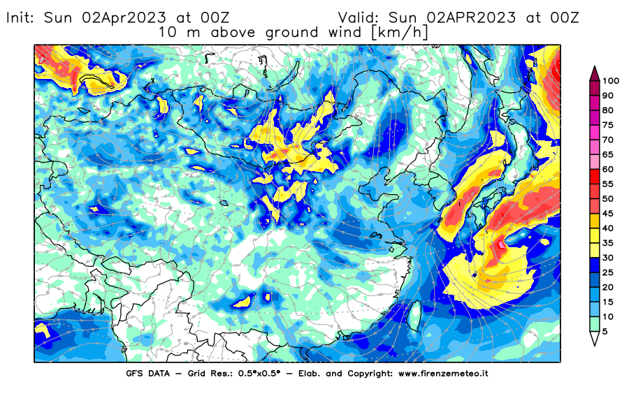 Mappa di analisi GFS - Velocità del vento a 10 metri dal suolo [km/h] in Asia Orientale
							del 02/04/2023 00 <!--googleoff: index-->UTC<!--googleon: index-->