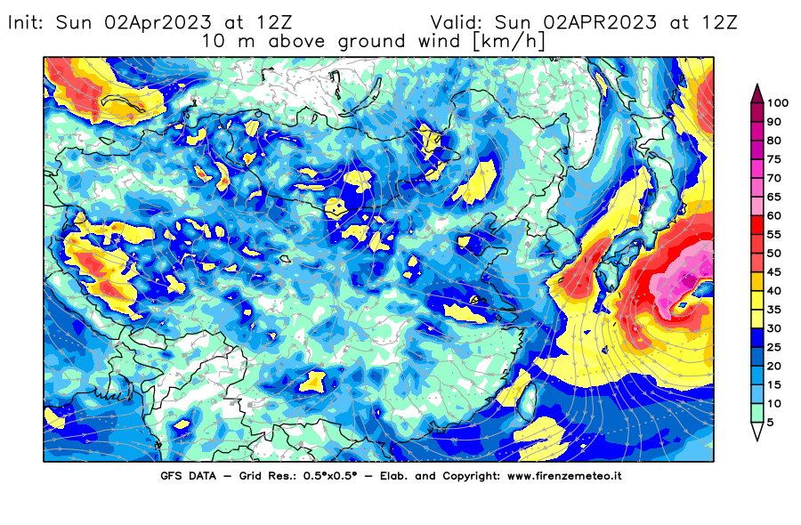 Mappa di analisi GFS - Velocità del vento a 10 metri dal suolo [km/h] in Asia Orientale
							del 02/04/2023 12 <!--googleoff: index-->UTC<!--googleon: index-->