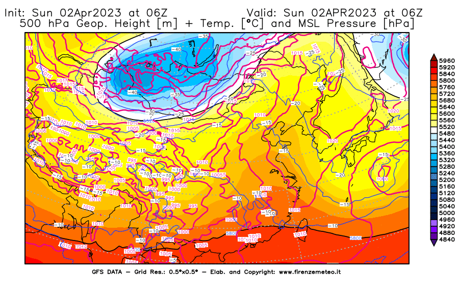 GFS analysi map - Geopotential [m] + Temp. [°C] at 500 hPa + Sea Level Pressure [hPa] in East Asia
									on 02/04/2023 06 <!--googleoff: index-->UTC<!--googleon: index-->