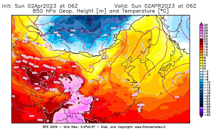 GFS analysi map - Geopotential [m] and Temperature [°C] at 850 hPa in East Asia
									on 02/04/2023 06 <!--googleoff: index-->UTC<!--googleon: index-->