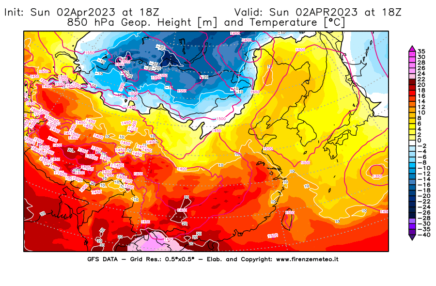 GFS analysi map - Geopotential [m] and Temperature [°C] at 850 hPa in East Asia
									on 02/04/2023 18 <!--googleoff: index-->UTC<!--googleon: index-->