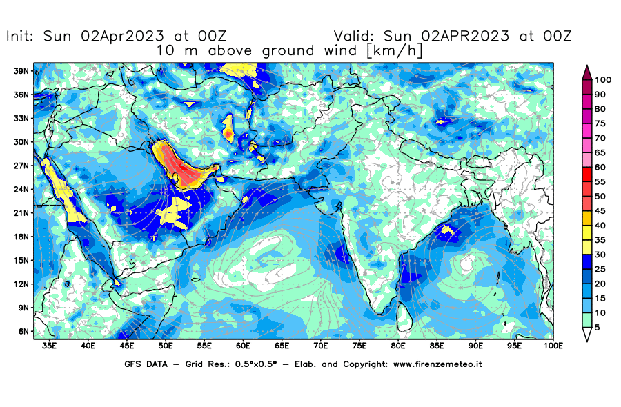 Mappa di analisi GFS - Velocità del vento a 10 metri dal suolo [km/h] in Asia Sud-Occidentale
							del 02/04/2023 00 <!--googleoff: index-->UTC<!--googleon: index-->