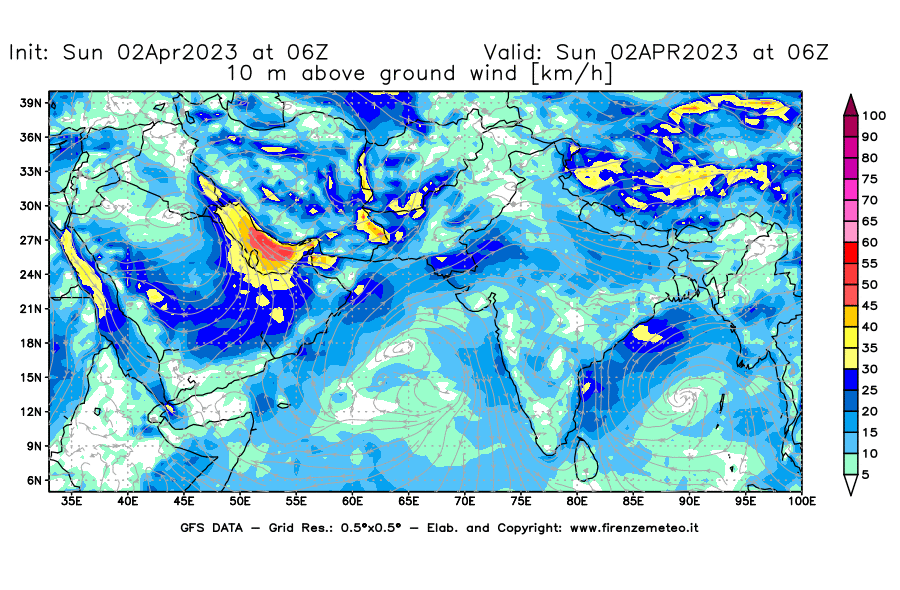 Mappa di analisi GFS - Velocità del vento a 10 metri dal suolo [km/h] in Asia Sud-Occidentale
							del 02/04/2023 06 <!--googleoff: index-->UTC<!--googleon: index-->