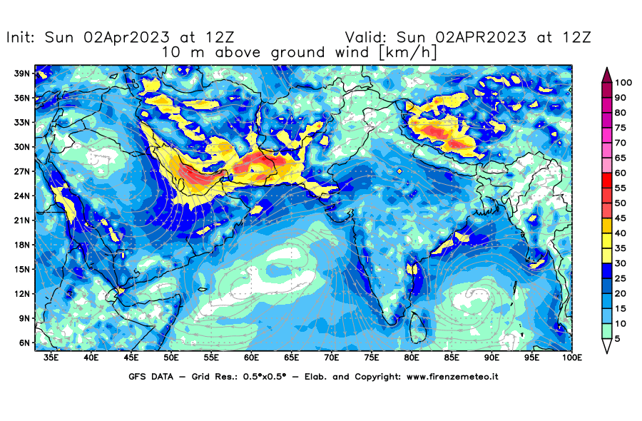 GFS analysi map - Wind Speed at 10 m above ground [km/h] in South West Asia 
									on 02/04/2023 12 <!--googleoff: index-->UTC<!--googleon: index-->
