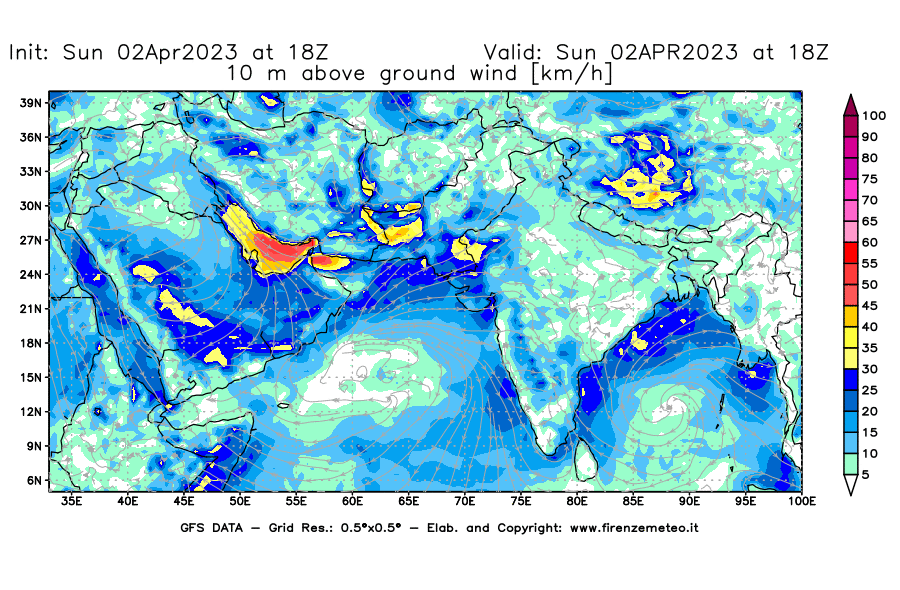 Mappa di analisi GFS - Velocità del vento a 10 metri dal suolo [km/h] in Asia Sud-Occidentale
							del 02/04/2023 18 <!--googleoff: index-->UTC<!--googleon: index-->