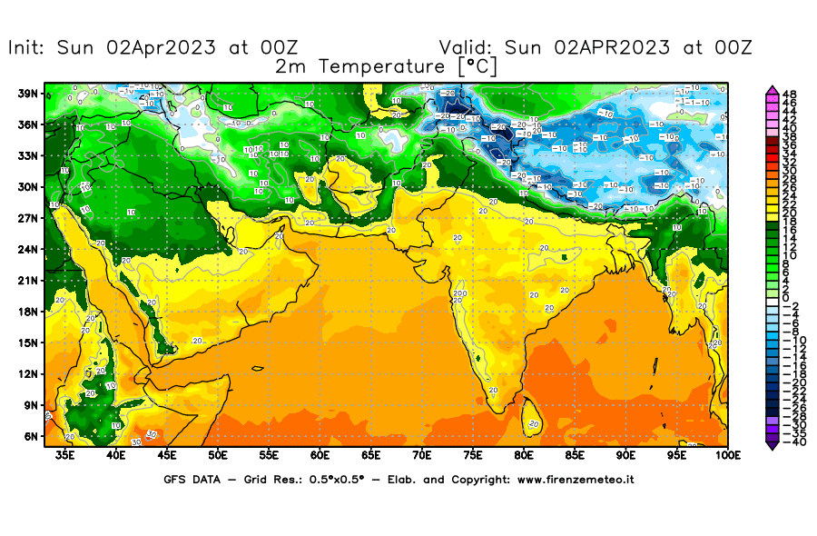 Mappa di analisi GFS - Temperatura a 2 metri dal suolo [°C] in Asia Sud-Occidentale
							del 02/04/2023 00 <!--googleoff: index-->UTC<!--googleon: index-->
