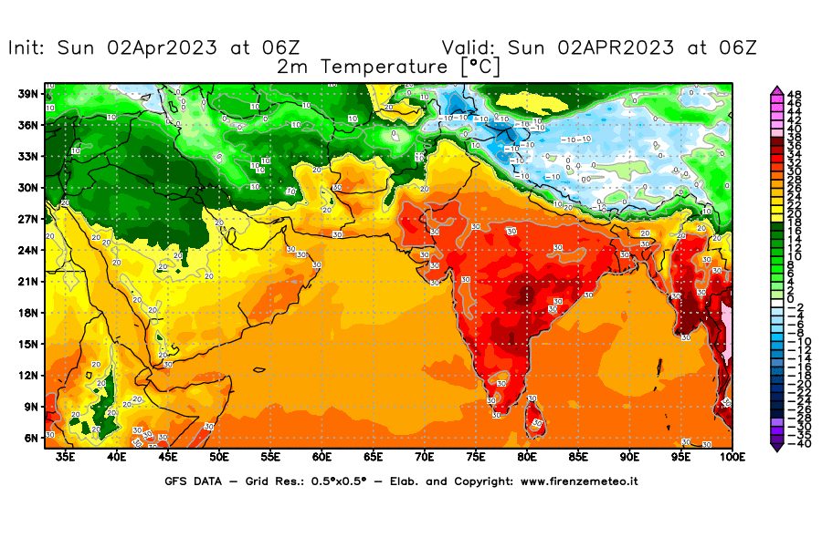 Mappa di analisi GFS - Temperatura a 2 metri dal suolo [°C] in Asia Sud-Occidentale
							del 02/04/2023 06 <!--googleoff: index-->UTC<!--googleon: index-->