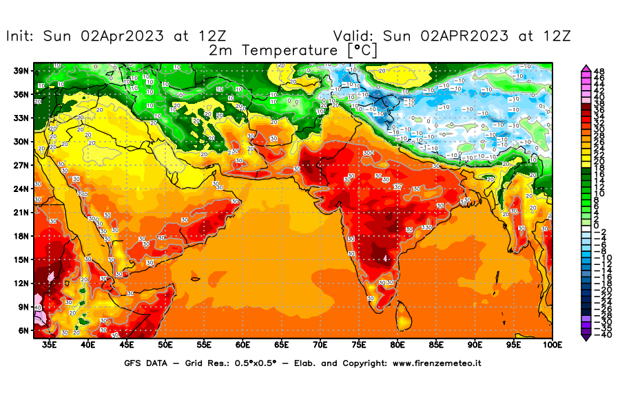 Mappa di analisi GFS - Temperatura a 2 metri dal suolo [°C] in Asia Sud-Occidentale
							del 02/04/2023 12 <!--googleoff: index-->UTC<!--googleon: index-->