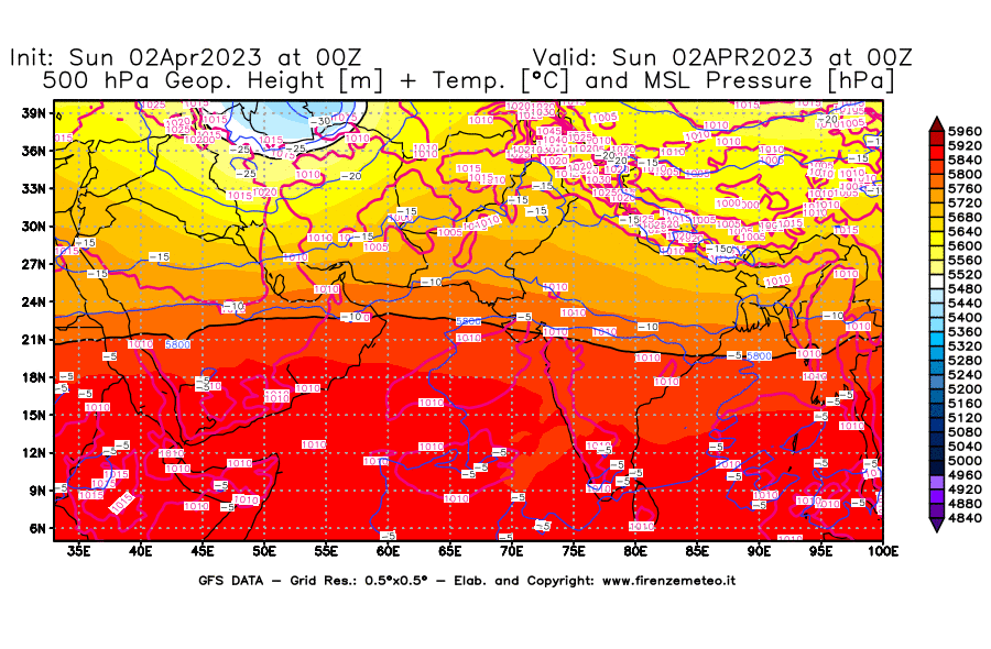 Mappa di analisi GFS - Geopotenziale [m] + Temp. [°C] a 500 hPa + Press. a livello del mare [hPa] in Asia Sud-Occidentale
							del 02/04/2023 00 <!--googleoff: index-->UTC<!--googleon: index-->