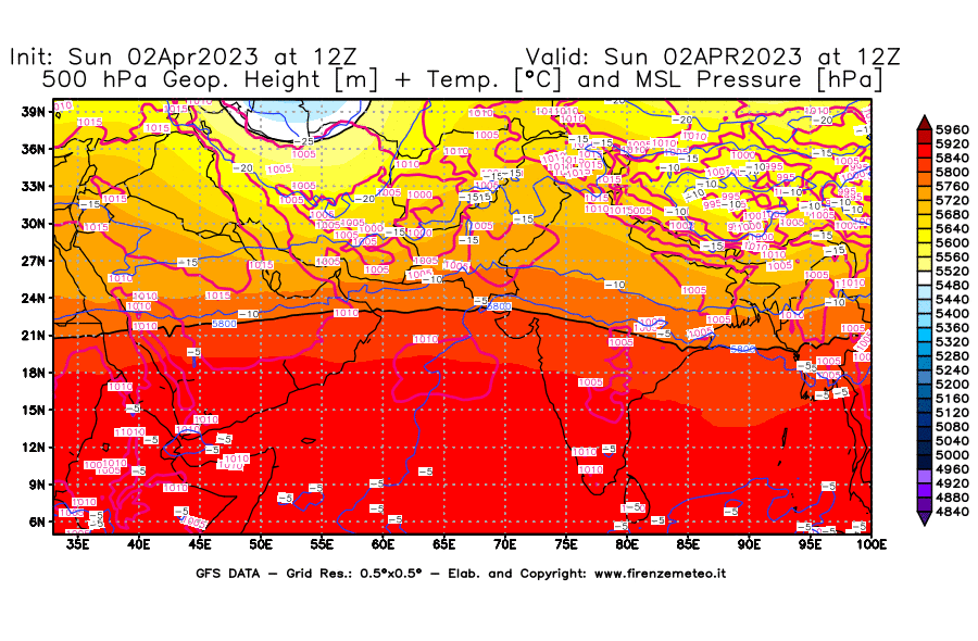 GFS analysi map - Geopotential [m] + Temp. [°C] at 500 hPa + Sea Level Pressure [hPa] in South West Asia 
									on 02/04/2023 12 <!--googleoff: index-->UTC<!--googleon: index-->