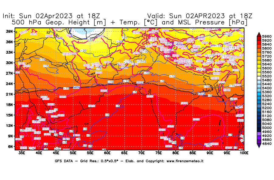 Mappa di analisi GFS - Geopotenziale [m] + Temp. [°C] a 500 hPa + Press. a livello del mare [hPa] in Asia Sud-Occidentale
							del 02/04/2023 18 <!--googleoff: index-->UTC<!--googleon: index-->