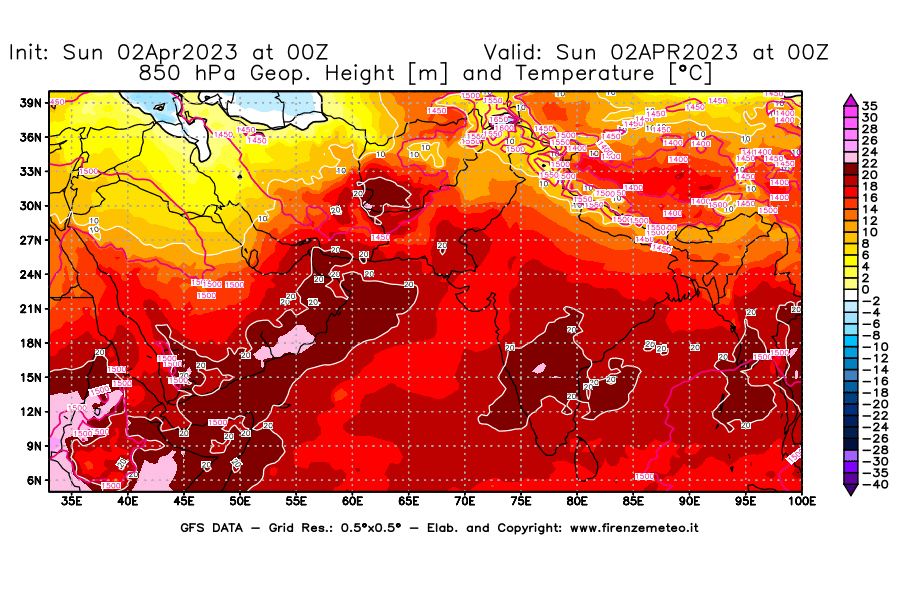 Mappa di analisi GFS - Geopotenziale [m] e Temperatura [°C] a 850 hPa in Asia Sud-Occidentale
							del 02/04/2023 00 <!--googleoff: index-->UTC<!--googleon: index-->