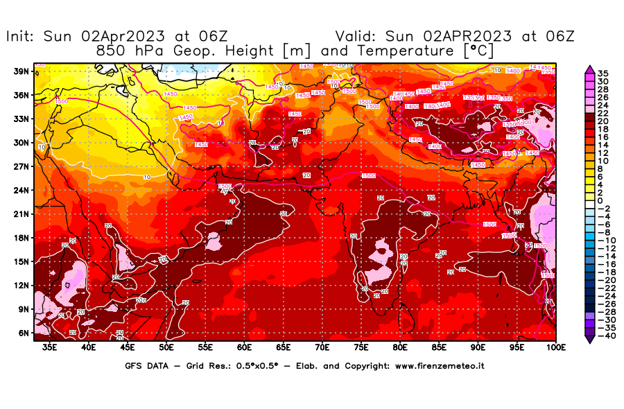 Mappa di analisi GFS - Geopotenziale [m] e Temperatura [°C] a 850 hPa in Asia Sud-Occidentale
							del 02/04/2023 06 <!--googleoff: index-->UTC<!--googleon: index-->