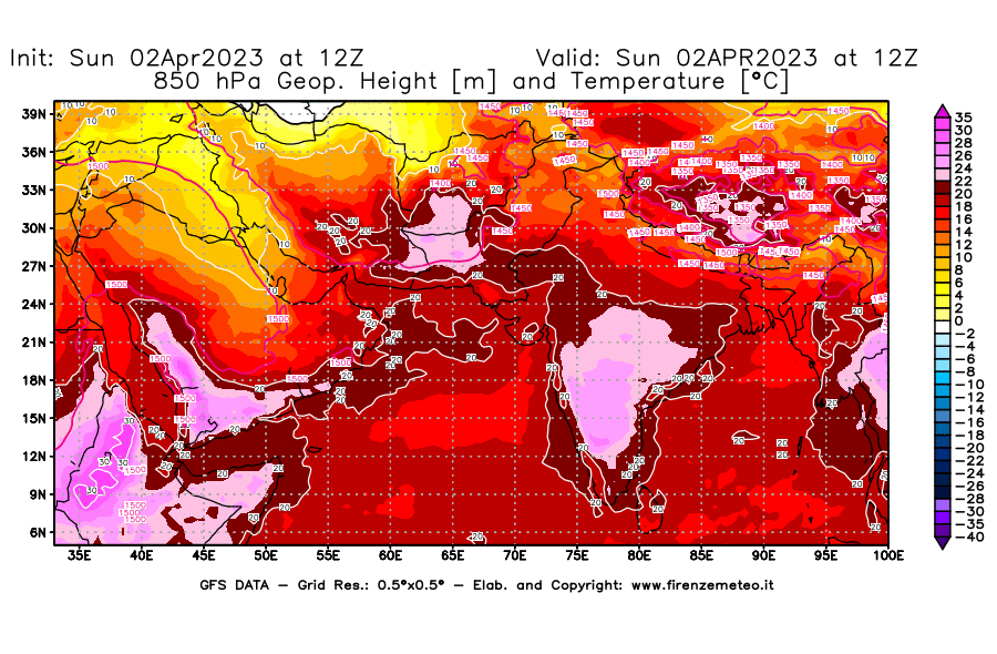 Mappa di analisi GFS - Geopotenziale [m] e Temperatura [°C] a 850 hPa in Asia Sud-Occidentale
							del 02/04/2023 12 <!--googleoff: index-->UTC<!--googleon: index-->