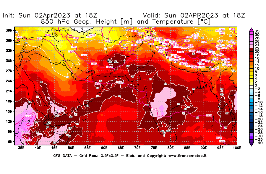 Mappa di analisi GFS - Geopotenziale [m] e Temperatura [°C] a 850 hPa in Asia Sud-Occidentale
							del 02/04/2023 18 <!--googleoff: index-->UTC<!--googleon: index-->
