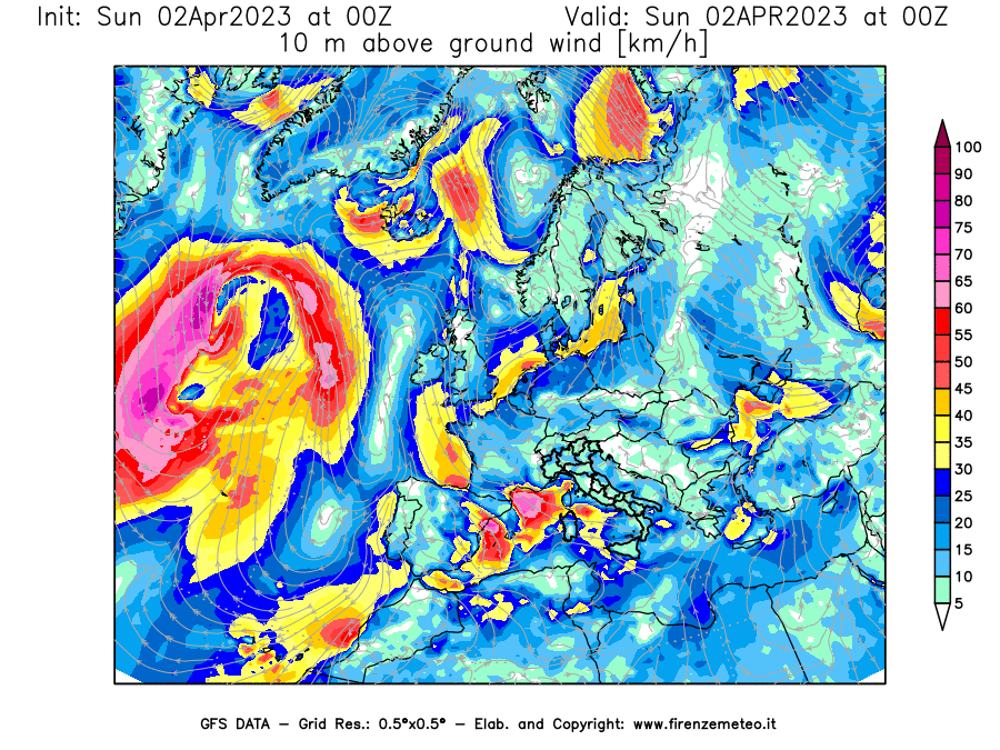 Mappa di analisi GFS - Velocità del vento a 10 metri dal suolo [km/h] in Europa
							del 02/04/2023 00 <!--googleoff: index-->UTC<!--googleon: index-->
