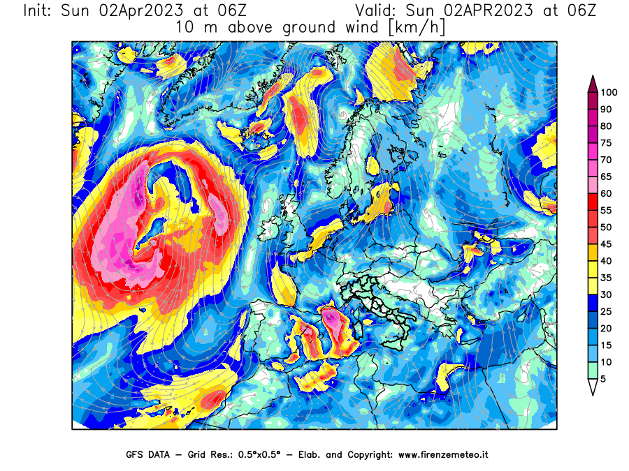 Mappa di analisi GFS - Velocità del vento a 10 metri dal suolo [km/h] in Europa
							del 02/04/2023 06 <!--googleoff: index-->UTC<!--googleon: index-->