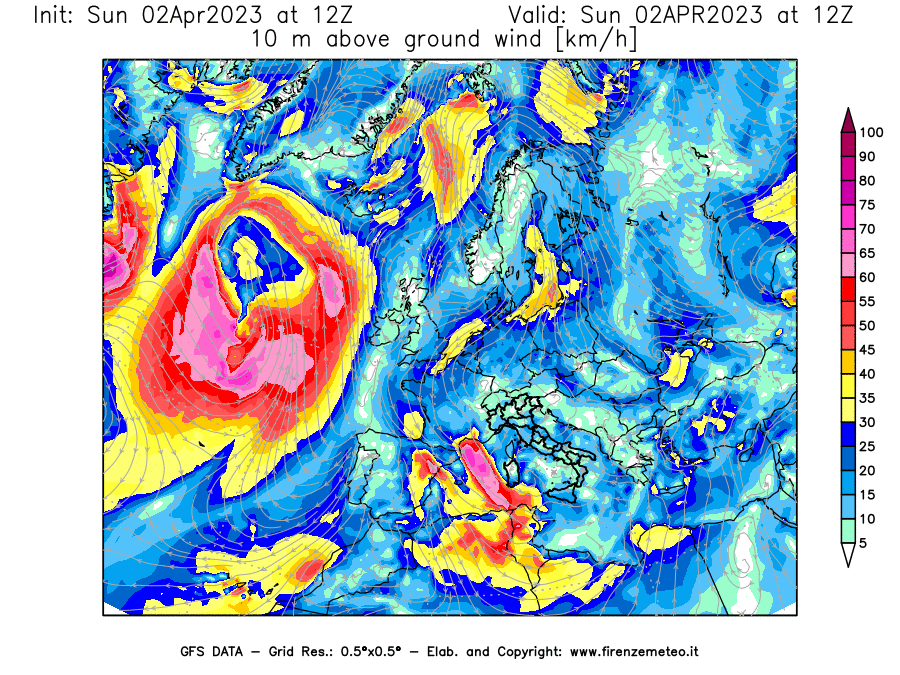 Mappa di analisi GFS - Velocità del vento a 10 metri dal suolo [km/h] in Europa
							del 02/04/2023 12 <!--googleoff: index-->UTC<!--googleon: index-->