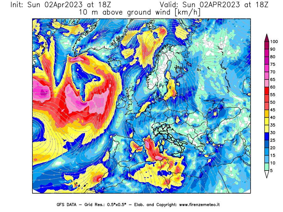 Mappa di analisi GFS - Velocità del vento a 10 metri dal suolo [km/h] in Europa
							del 02/04/2023 18 <!--googleoff: index-->UTC<!--googleon: index-->