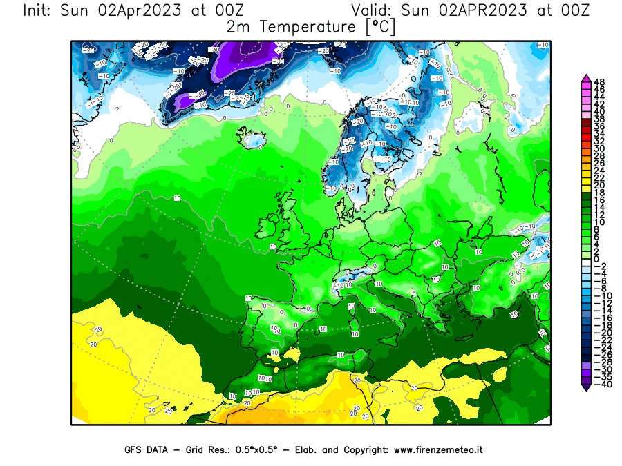 Mappa di analisi GFS - Temperatura a 2 metri dal suolo [°C] in Europa
							del 02/04/2023 00 <!--googleoff: index-->UTC<!--googleon: index-->